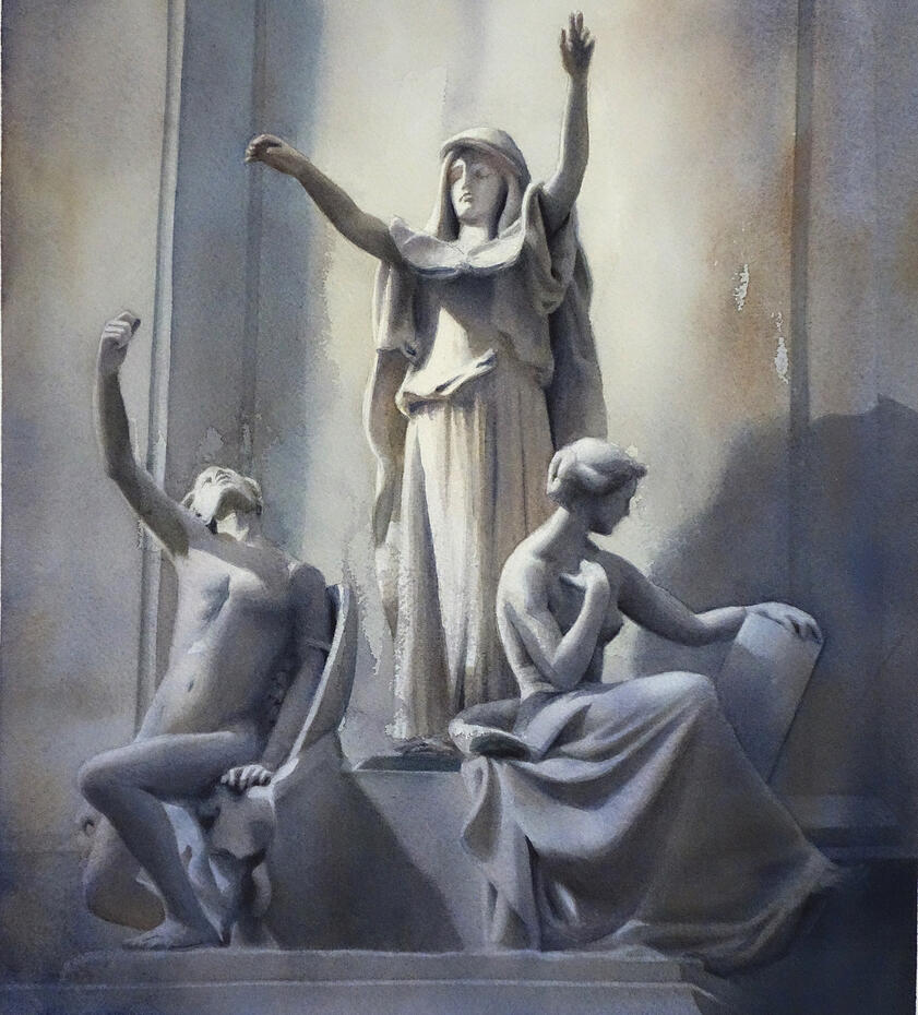 Watercolor painting by Michiyo Fukushima, Effigy: Guardians & Muses