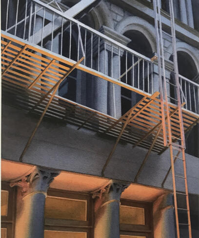 Watercolor Painting by Michiyo Fukushima, Fire Escape: Steps into the light